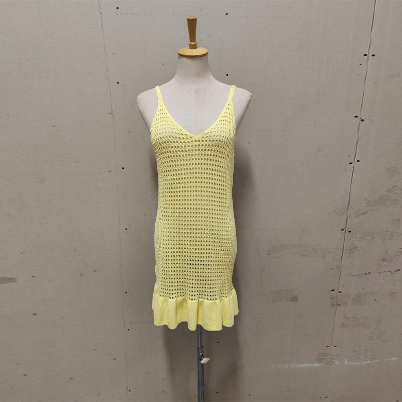 

Летнее женское трикотажное мини-платье с оборками и вырезом Женское прозрачное платье с V-образным вырезом для отдыха на пляже Повседневная одежда Платье One Size жёлтый