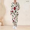 Women Plus Size White Green Floral Printed Nurse Scrub Set V Neck Long Sleeve Pockets Top And Long Pants