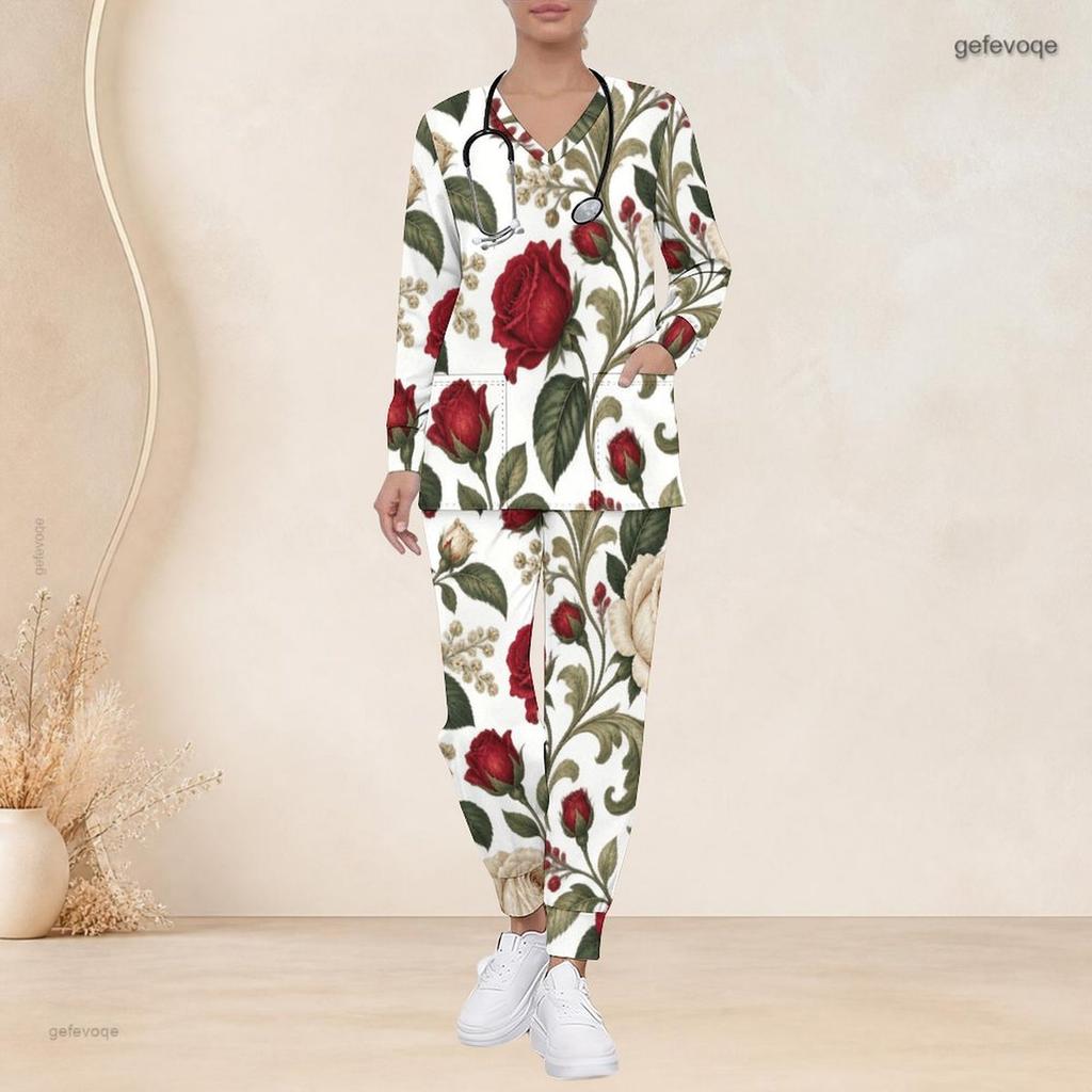 Women Plus Size White Green Floral Printed Nurse Scrub Set V Neck Long Sleeve Pockets Top And Long Pants