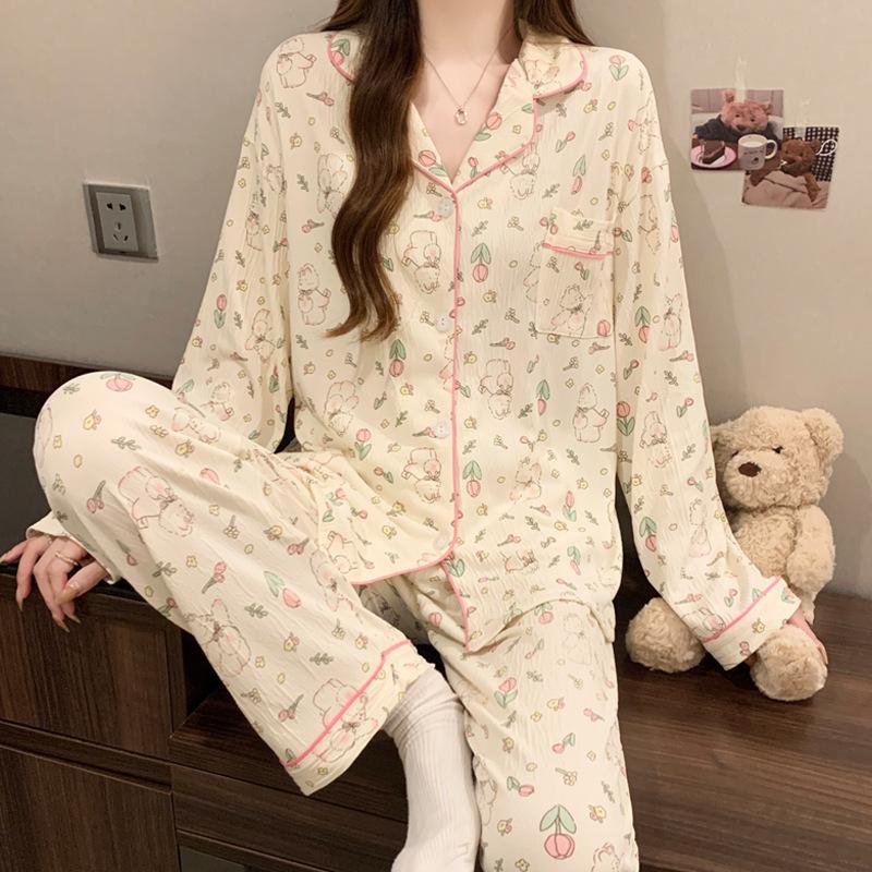 ins style girlish pajamas women's spring and autumn long-sleeved sweet bow full print casual loungewear set