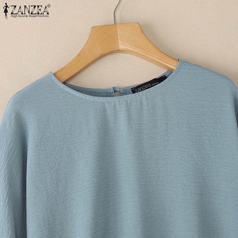 ZANZEA Women Casual Round Neck 3/4 Sleeve Solid Color Loose Blouse