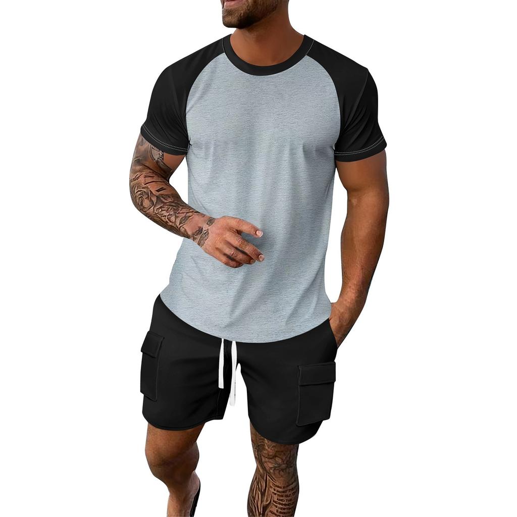 Men's Summer Solid Color Loose Plug-In Short-Sleeved Round Neck Top Workwear Shorts Suit