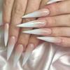 24Pcs White Gradient Press on False Nails Acrylic Stiletto Almond Fake Nail Wearable Solid Color Simple Full Cover Manicure Tips