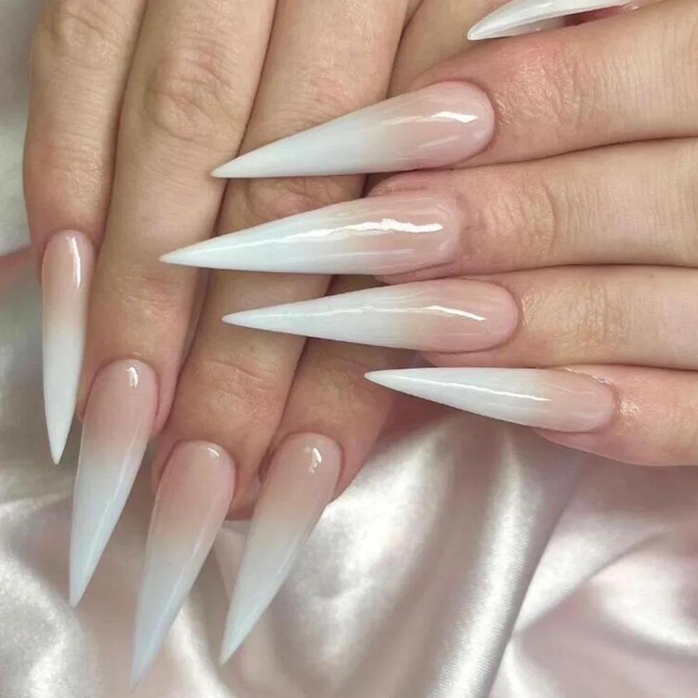 24Pcs White Gradient Press on False Nails Acrylic Stiletto Almond Fake Nail Wearable Solid Color Simple Full Cover Manicure Tips