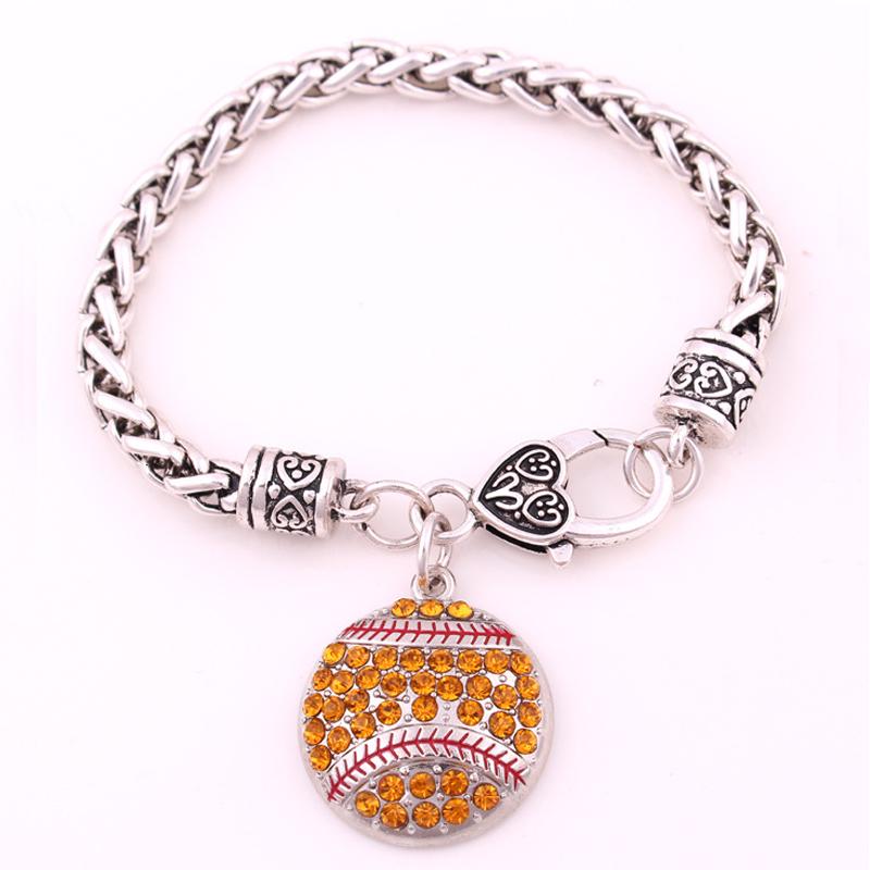 Full Rhinestones Round Softball Baseball Pendant Heart-shaped Lock Men and Women Bracelet