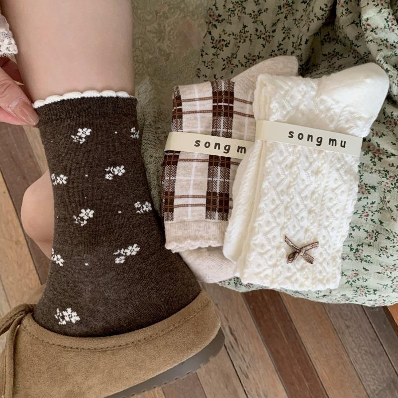 Retro Boneless Socks, Women's Mid-calf Socks, Autumn and Winter Women's Socks, Girls' Bow, Coffee-colored Pile Socks