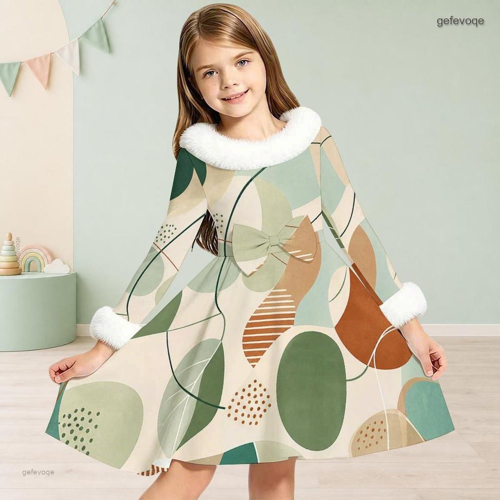 Girls Faux Fur Trim High Neck Long Sleeve Geometric Printed A Line Flared Dress