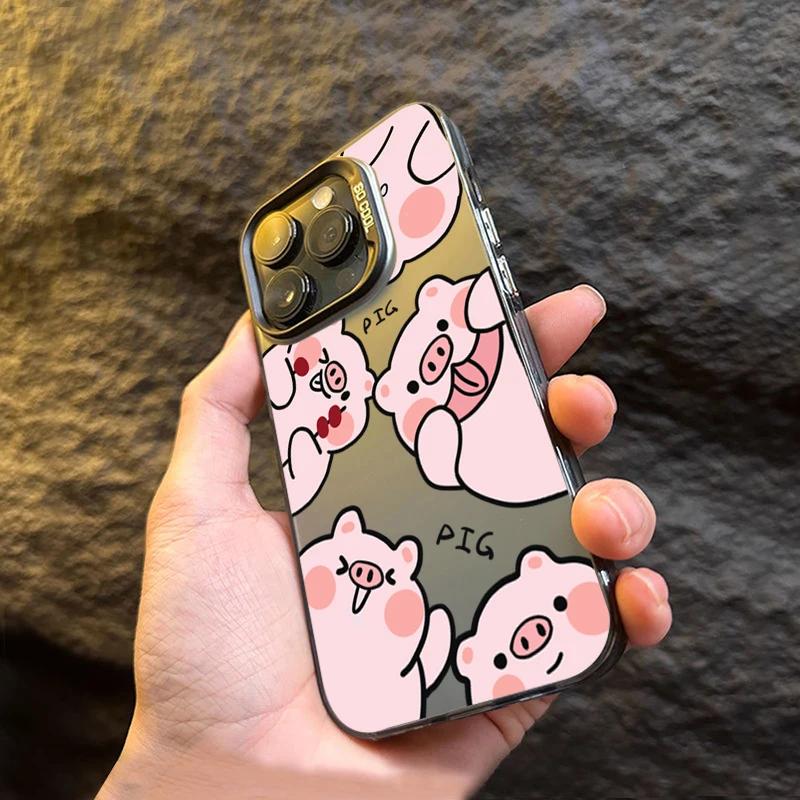 Cartoon Pig Electroplate Silver IMD Phone Case For  Mi 14 13 12 12T 13T Pro 11 Lite 5G Poco F5 X5 X6 M6 Pro 4G Back Cover