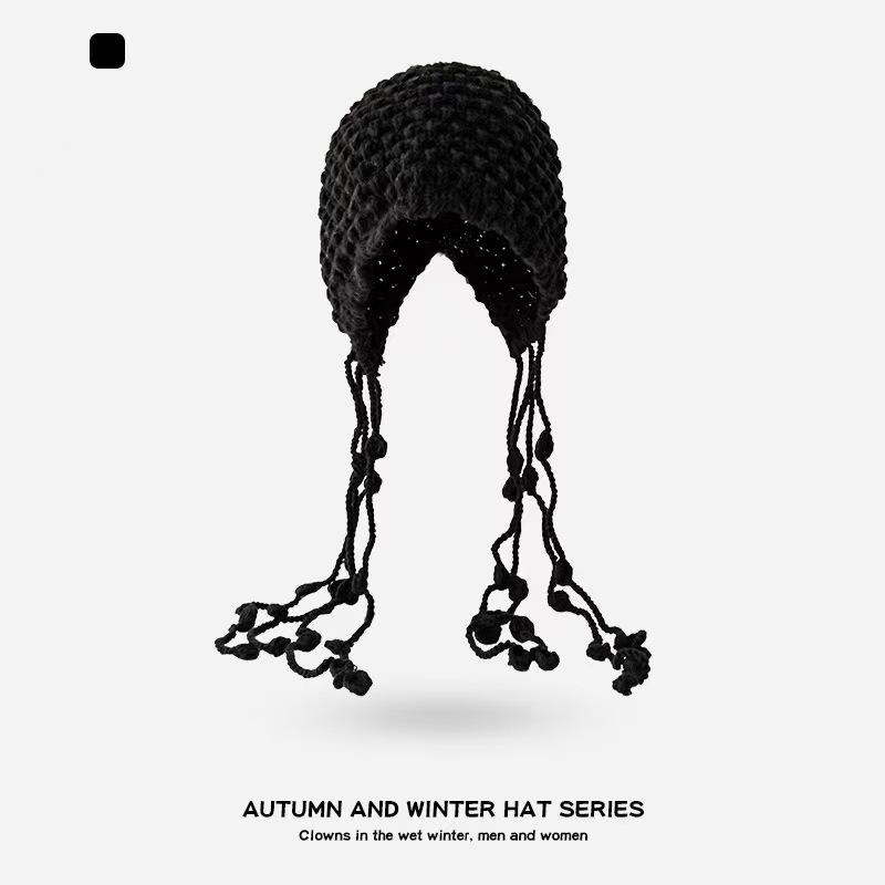 Autumn and winter warm wool hat, hand-woven hollow bag hat, women's ethnic style fringed ear protector, knitted hat