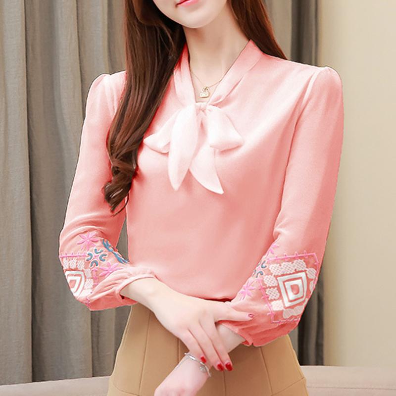 Fashion Long Sleeve Chiffon White Shirts Women Solid Embroidery Flowers Elegant Women's Blouses Vintage Lace-up Bow Collar Office Lady Tops 6056