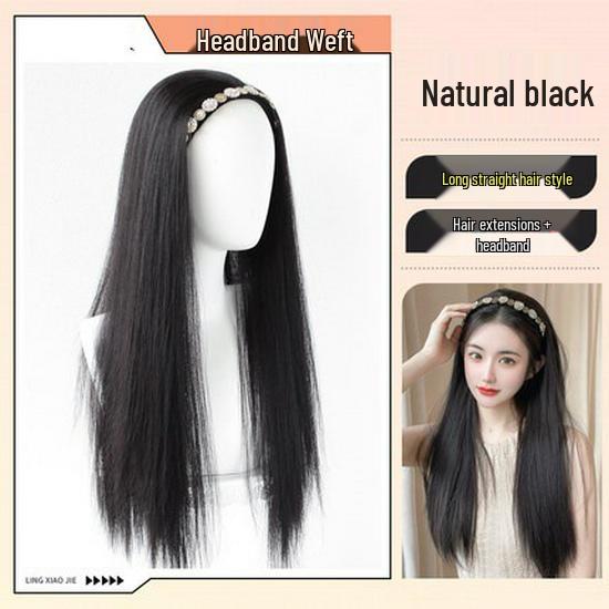 Women's Retro Rhinestone Headband Wig with Long Straight Hair, U-Shaped Half Head Cover
