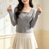 Women’s White Ribbed Square Neck Knit Sweater - Faux Layered Style, Loose Fit for Autumn/Winter