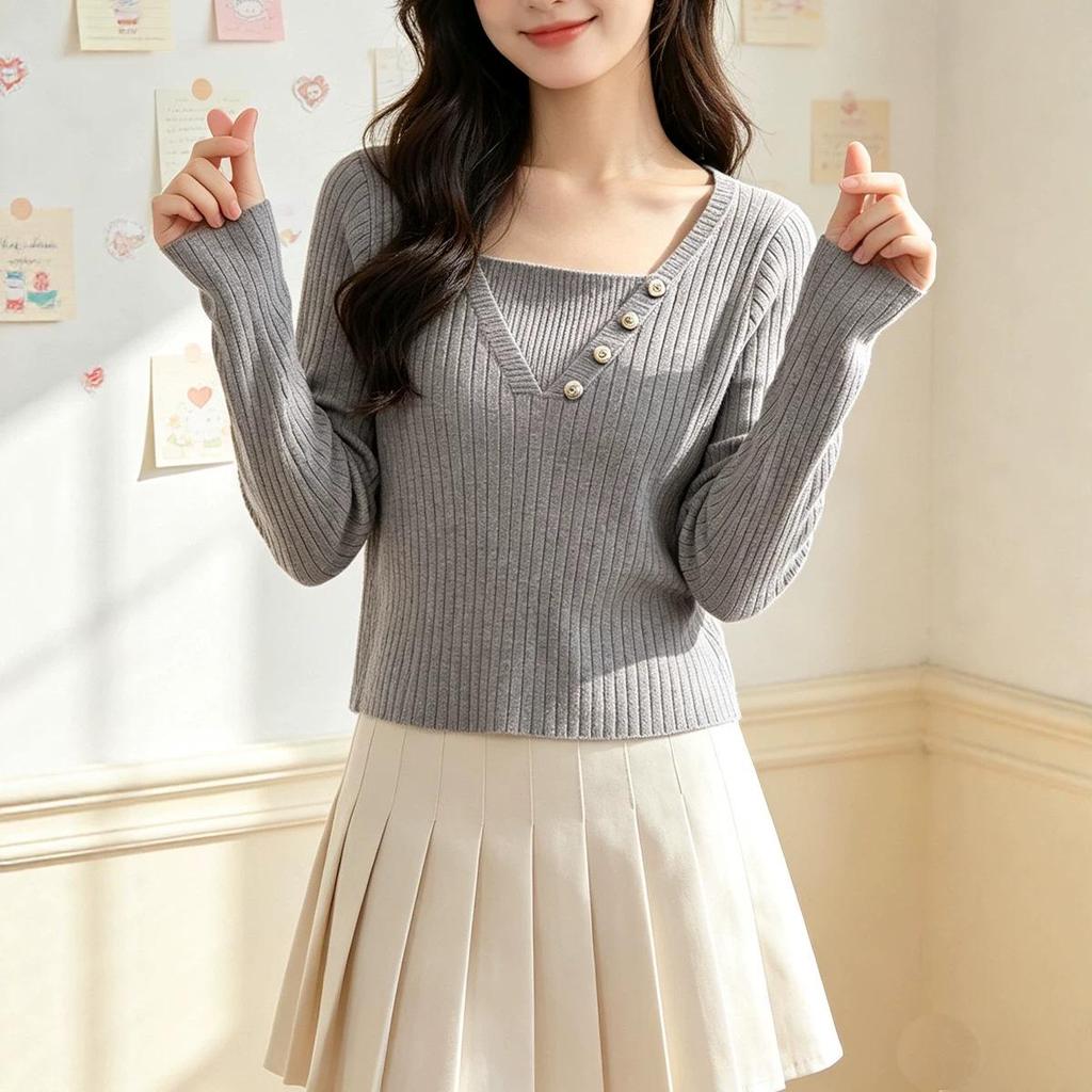 Women’s White Ribbed Square Neck Knit Sweater - Faux Layered Style, Loose Fit for Autumn/Winter
