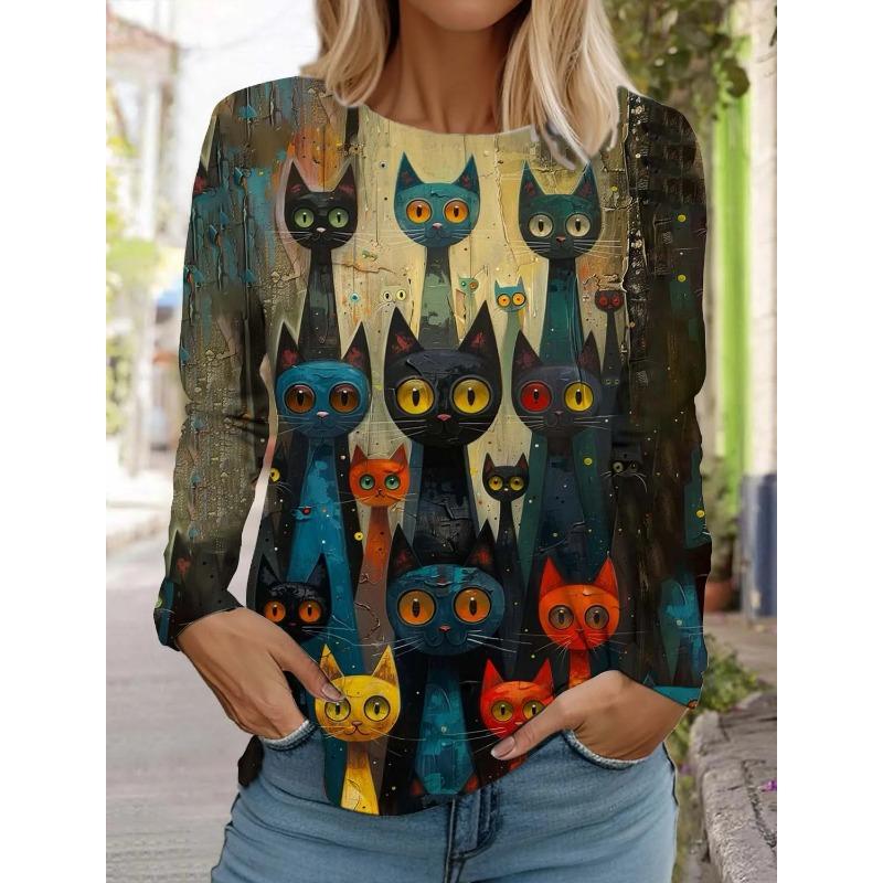 Spring and Autumn Round Neck Art Cute Cat Pattern 3D Printed Top Fashionable Casual Long Sleeved Women's T-shirts