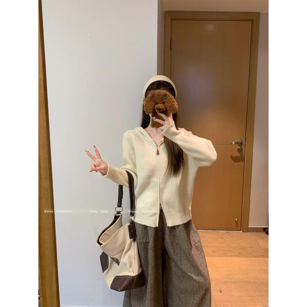 Soft waxy hooded double zipper knitted sweater women's autumn and winter casual lazy style large version long-sleeved jacket high-end top