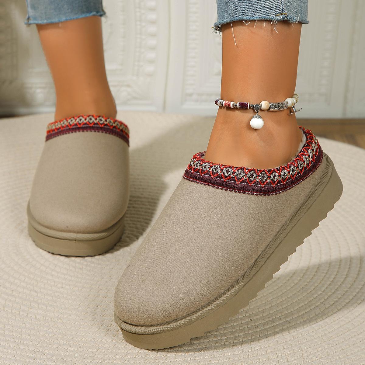 Кружева этнический стиль осень и зима зимние сапоги женская обувь полуоблегающие хлопковые туфли для дома и улицы большой размер 36-44 36 бежевый 1975₽