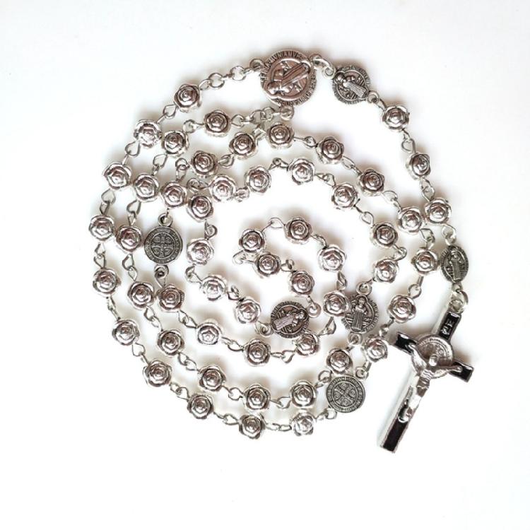 Rose Rosary Beads Rosary Necklace Catholic Prayer Silver Beads High Quality