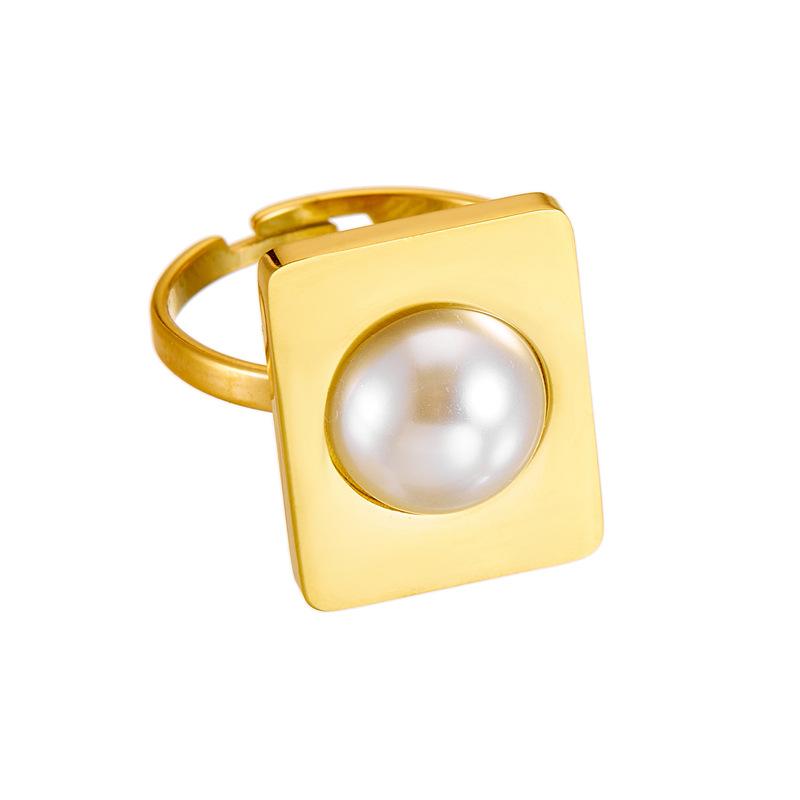 Gold Plated Stainless Steel Square Pearl Open Statement Ring for Women