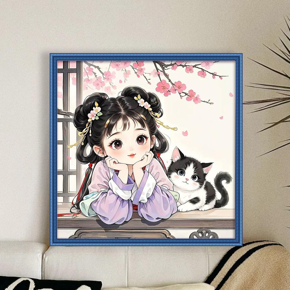 Komplette Stickerei Öko-Baumwollfaden 11CT bedruckt Mädchen Kreuzstich Kit Kunst 50x50cm