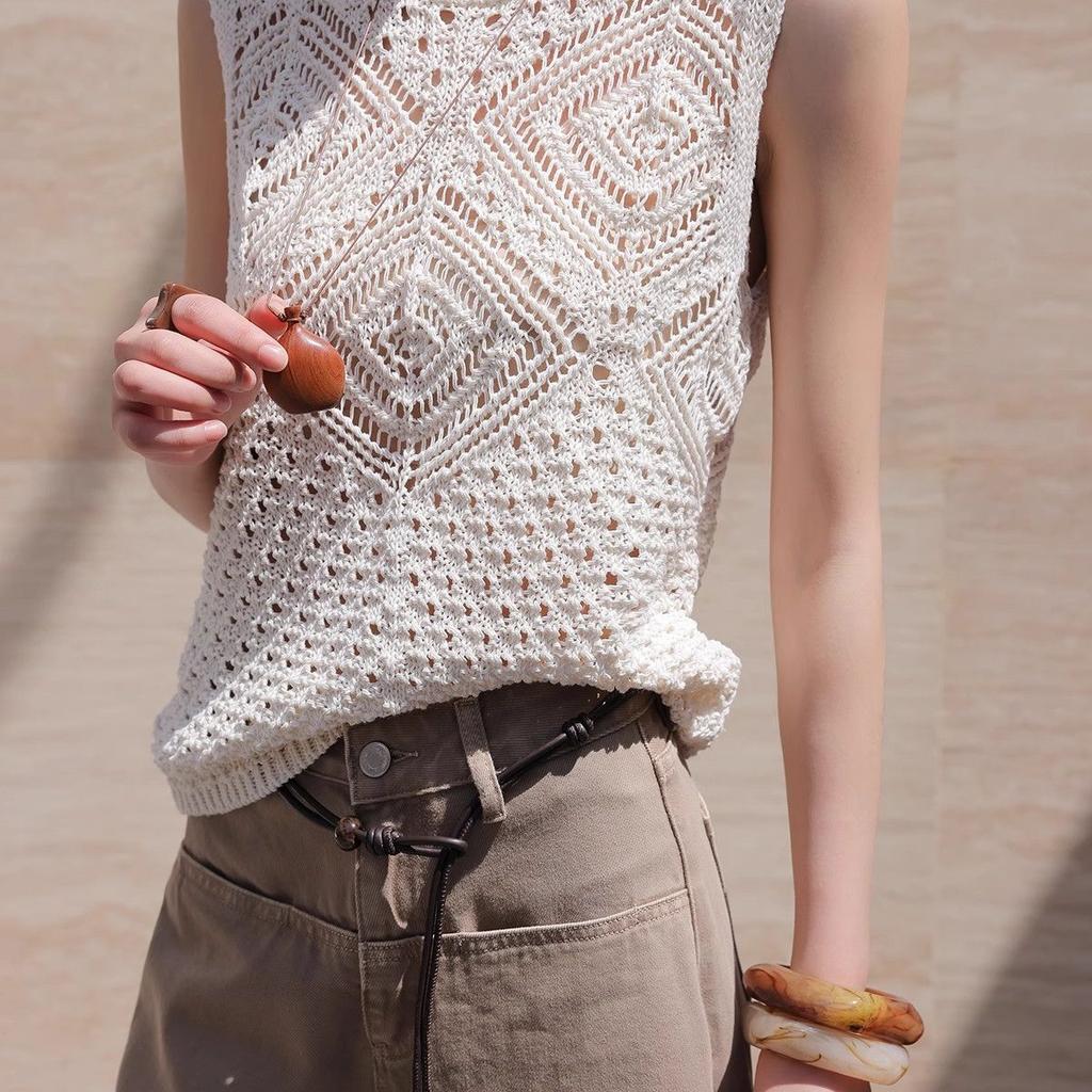 Women's Round Neck Hollow-out Sun Protection Vest 2024 Summer Stylish Layered Knit Top