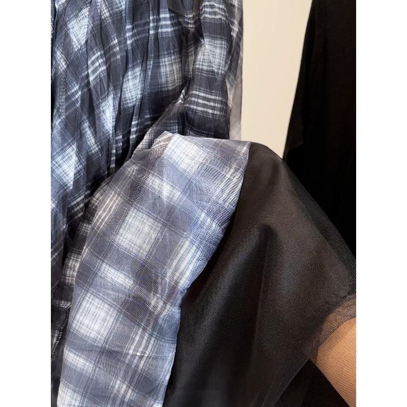 Blue Brown Plaid Tulle Pleated Plaid Midi Skirt Women A-line Irregular Midi Skirt for Winter Vintage Personality