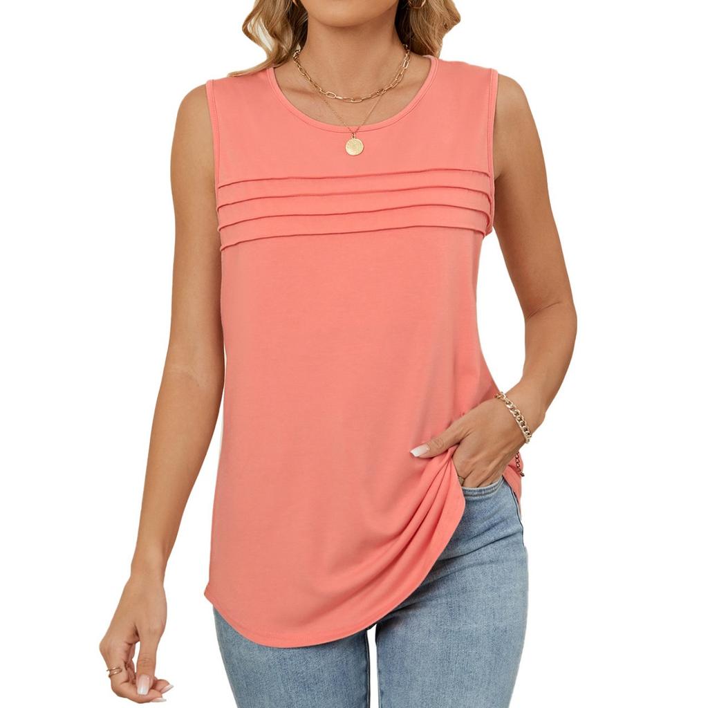 Spring Summer New Women's Solid Color Crew Neck Loose Sleeveless T-shirt Vest Casual Daily Tops For Leisure Leisure Trade Ready To Ship