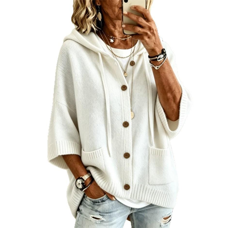 2026 European and American button-knitted hooded sweater cardigan jacket autumn and winter new solid color casual fashion women's clothing