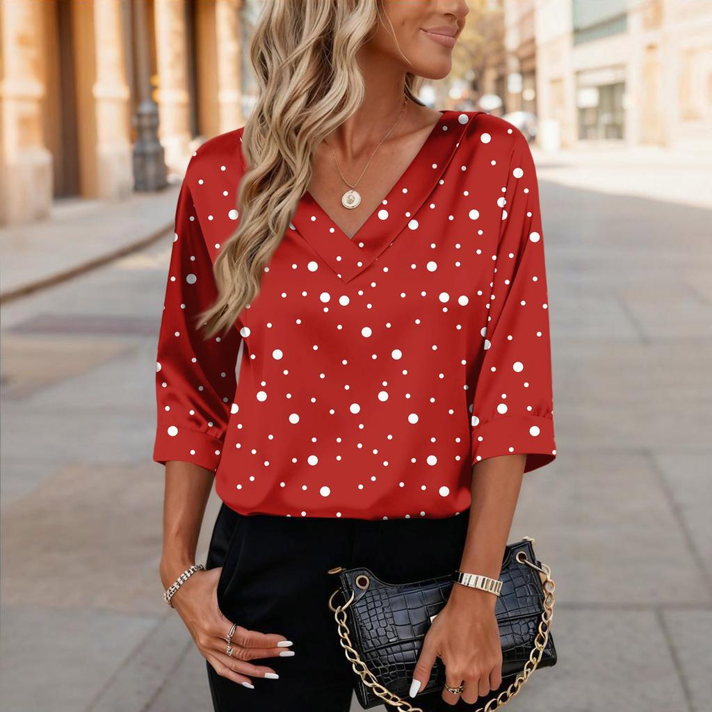 Womens 3/4 Length Sleeves Shirts V-Neck Satin Loose Dressy Trendy T-Shirt Pullover Blouse Tops