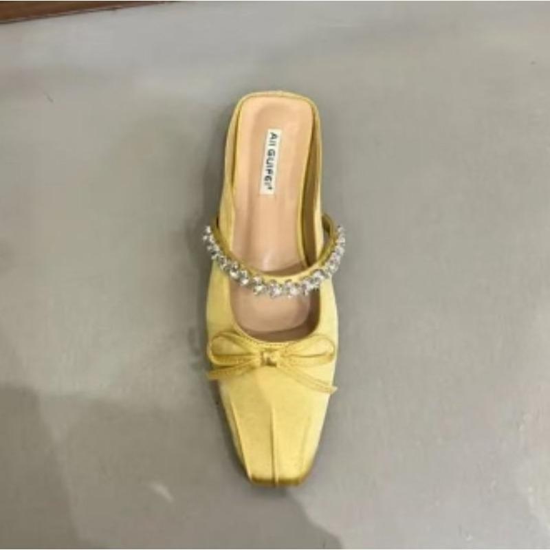 

Fashion New Women Square Head Shallow Mouth Flannelette Butterfly Knot Crystal Line with Soft Sole Non-slip Low Heel Shoes Zapatos Mujer 40 жёлтый