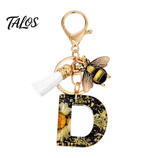 Talos Black Series Keychain Pendant, Dried Flower Initial Letter Charm Key Chain with Bee Tassel Design, A-Z Holder for Bag Purse Backpack