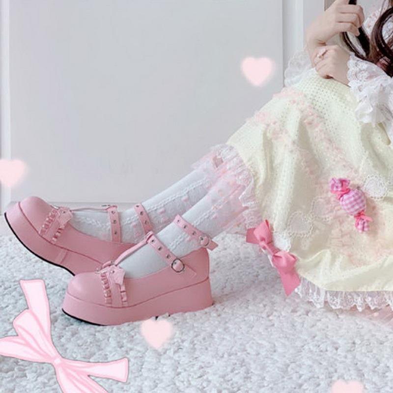 Zapatos Lolita Zapatos Kawaii Loli Diabólica Estilo Murciélago Pequeño Lazo Demonio Gótico Oscuro Punk Plataforma Cosplay Lolishoes Tacón Alto