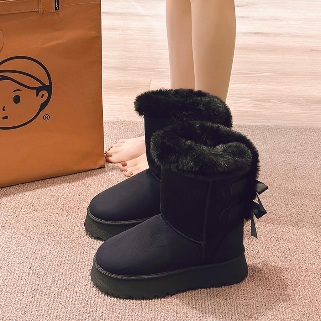 Thick-soled Bow Snow Boots Women's Autumn and Winter Casual Velvet Thickened High Tube Outer Wear Cotton Shoes