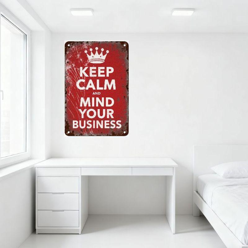 Vintage Keep Calm and Mind Your Business Metallblechschild mit Krone, verwitterter rostiger Rand Heimdeko für Bar Café Man Cave Wand
