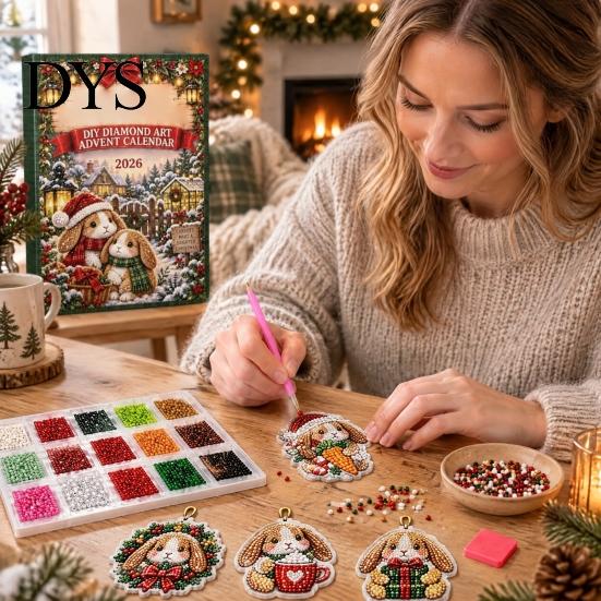Праздничное рукоделие для всей семьи DIY Алмазное искусство Календарь ожидания 2026, Сделайте 24 подвесных украшения для рождественской елки из искусственных бриллиантов в виде животных