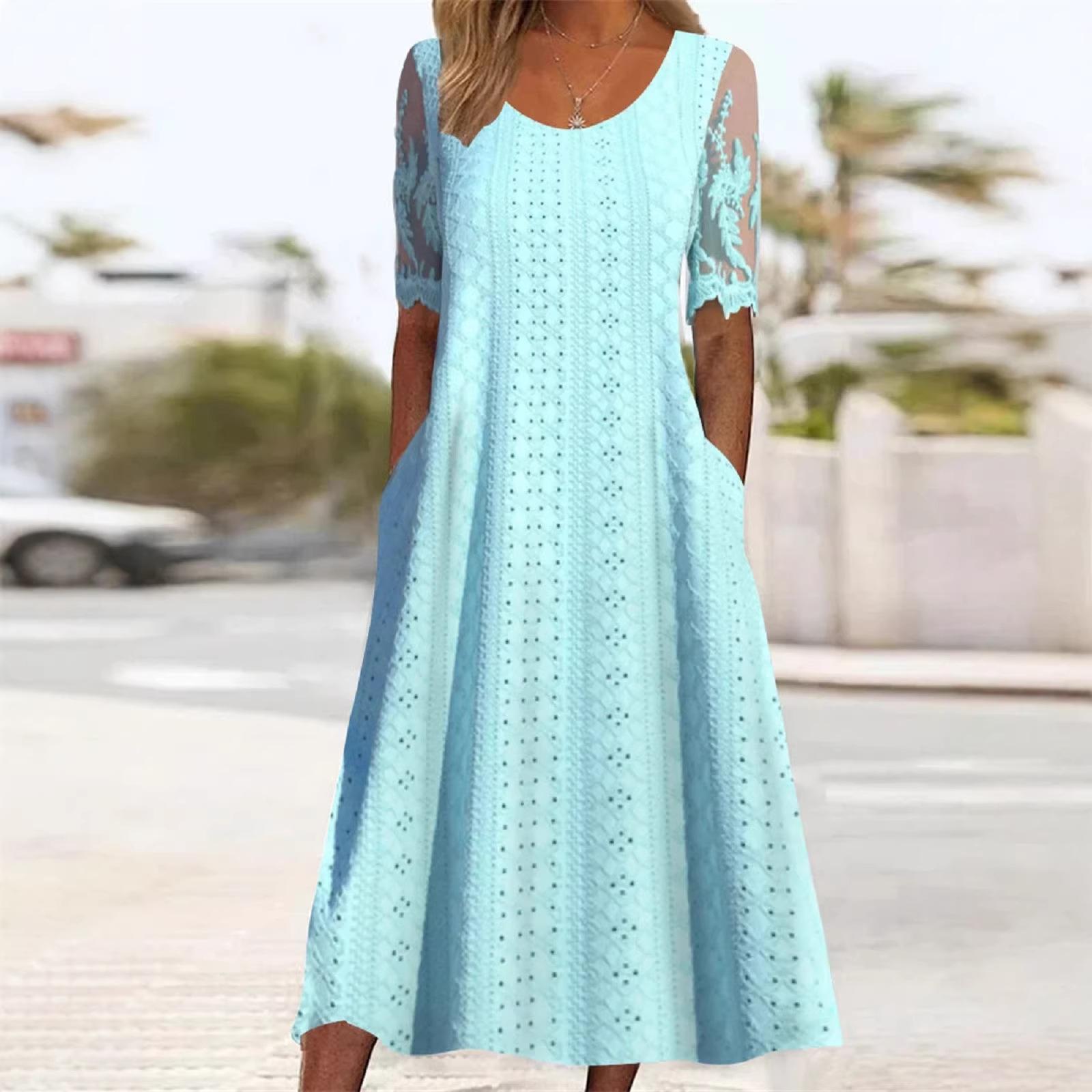 Loose crew neck new short-sleeved dress women s clothing S озеро синий