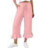Women's Casual Cotton Linen Drawstring Elastic Waist Pants with Pockets and Ruffle Hem for Summer