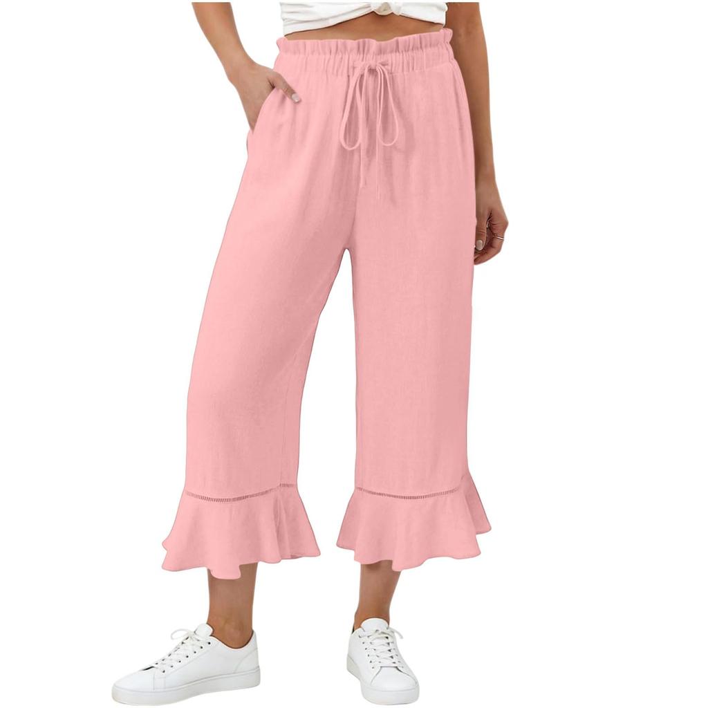 Women's Casual Cotton Linen Drawstring Elastic Waist Pants with Pockets and Ruffle Hem for Summer