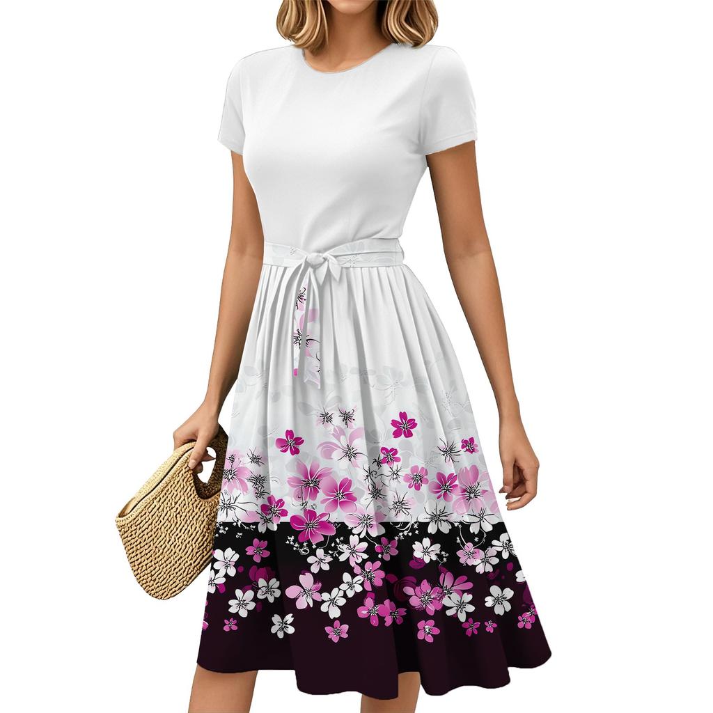 Women's Fashion Casual Belt Short Sleeve Round Neck Geometric Printing Splicing Elegant Temperament Dresses