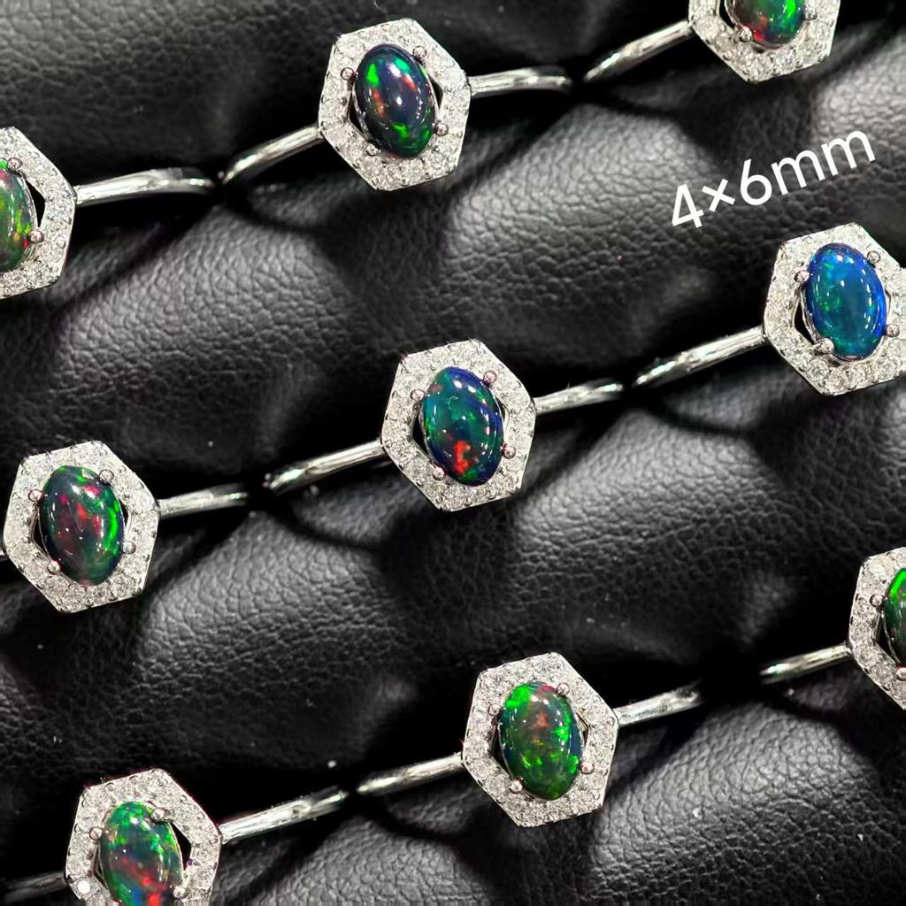 S925 Sterling Silver Hexagonal Black Opal Ring with Zirconia Accents - Bestseller Fire Opal Jewelry