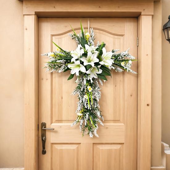 Artificial Lily Wreath for Door Wall Faux Floral Hanging Decor for Home Garden Church Rustic Religious Ornament for Spring Easter Wedding