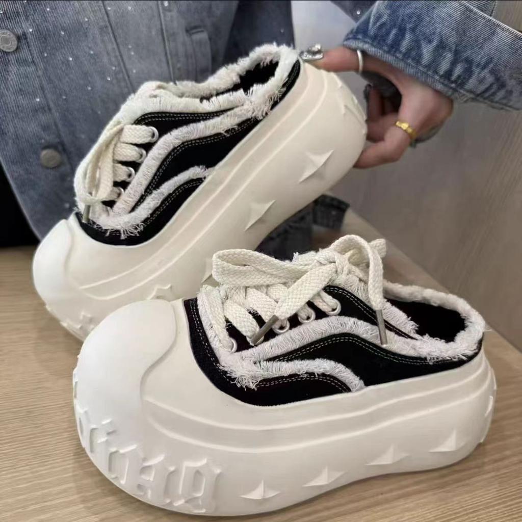 Casual Canvas Sports Shoes Women's Thick Bottom High Heel Slippers Outdoor Wear Rubber Sole Korean Style Flat Sandals