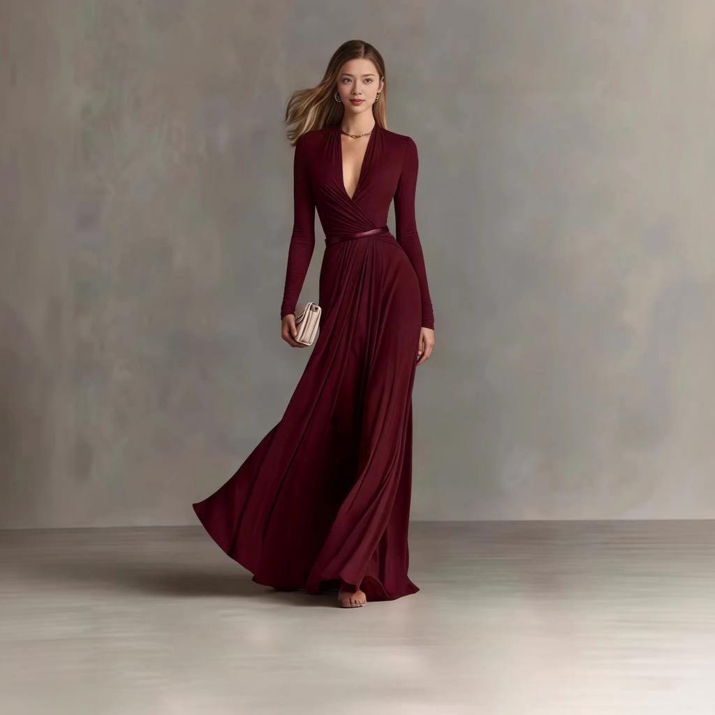 Abito Elegante da Donna Colorato a Manica Lunga con Definizione in Vita per Feste Cocktail e Uso Quotidiano