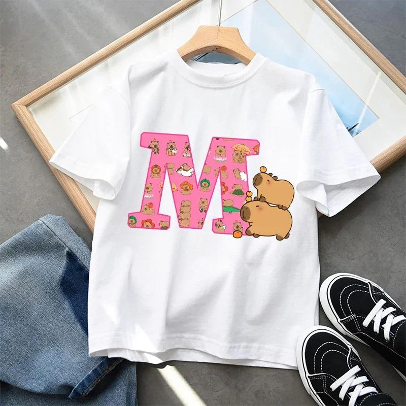 New Capybara Kids T-shirt Cute Cartoon Capibara A-Z Letter Cotton Tee Shirt Girls Summer Short Sleeve Tops Child Clothes Gifts