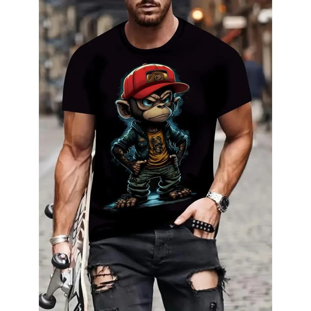 Summer Men Monkey Pattern T-Shirt Hip Pop Short Sleeve Fashion Comfortable Soft Large Size Round Neck T-Shirt