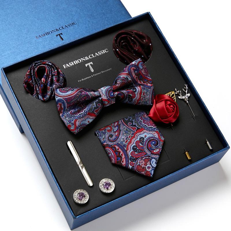 Men'S Gift Box Tie Fashion Business Net Color Flower Tie Square Scarf 8-Piece Set Combination Set