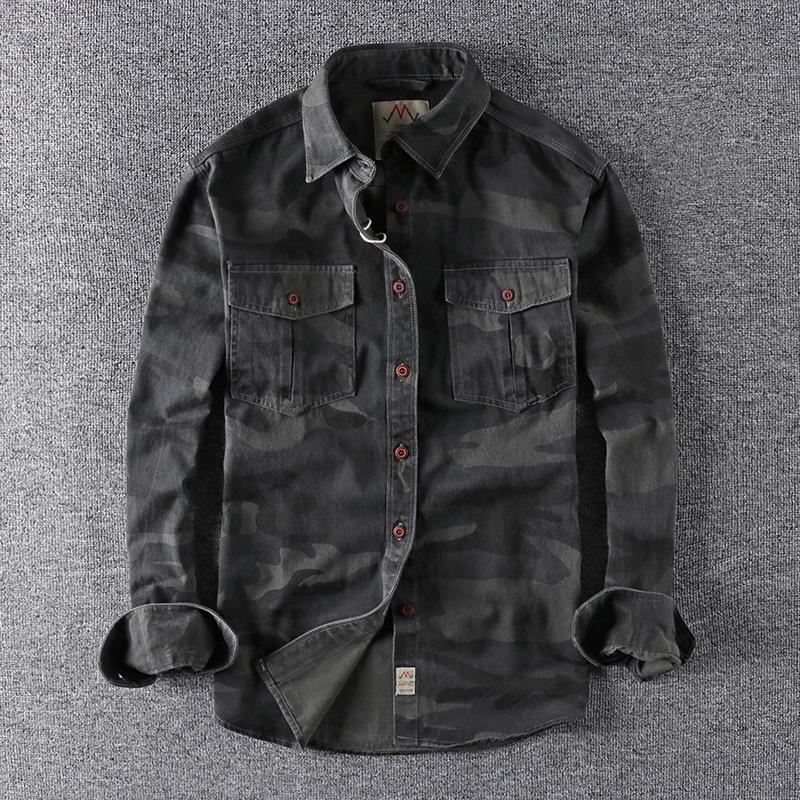 Men Washed Camouflage Long Sleeve Shirt Casual Military Utility Workwear Tops Young Men Fashion Streetwear Breathable Daily Wear Outdoor Shirt