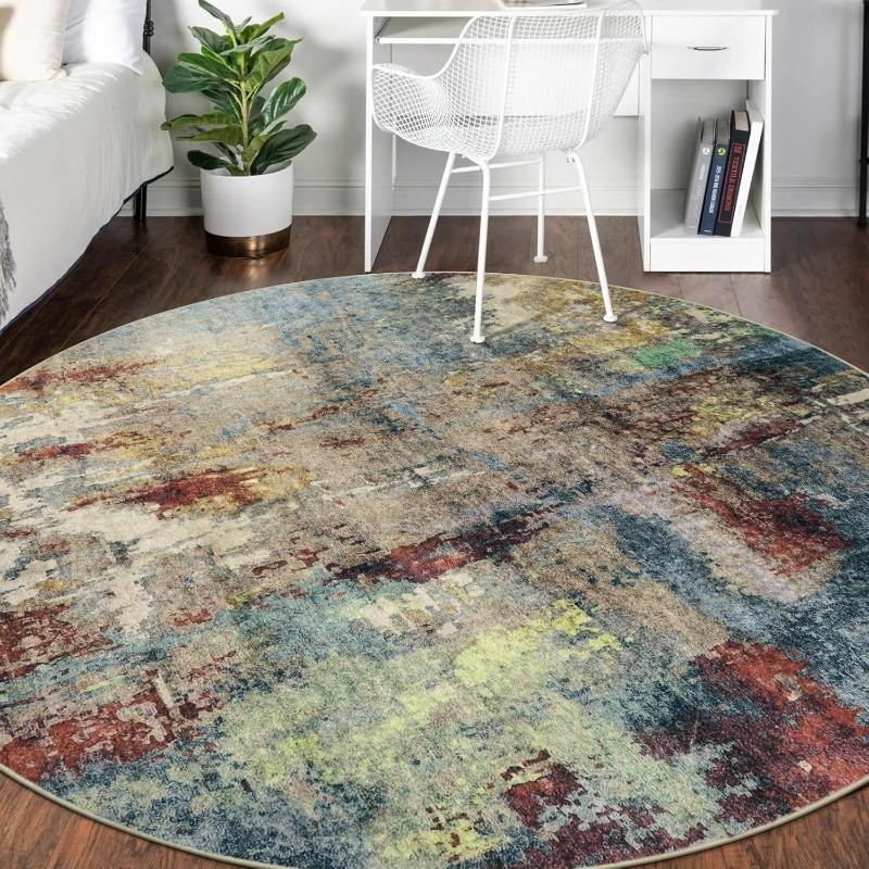 Runder Abstrakt Bunter Patchwork Teppich Vintage Used Moderne Kunst Wohnteppich Rutschfest Mehrfarbig Block Fleckige Textur Matte