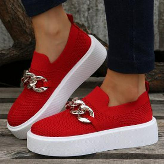 Chunky Sole Fly-Knit Slip-On Loafers with Chain Decoration - Women's Breathable Low-Top Shoes