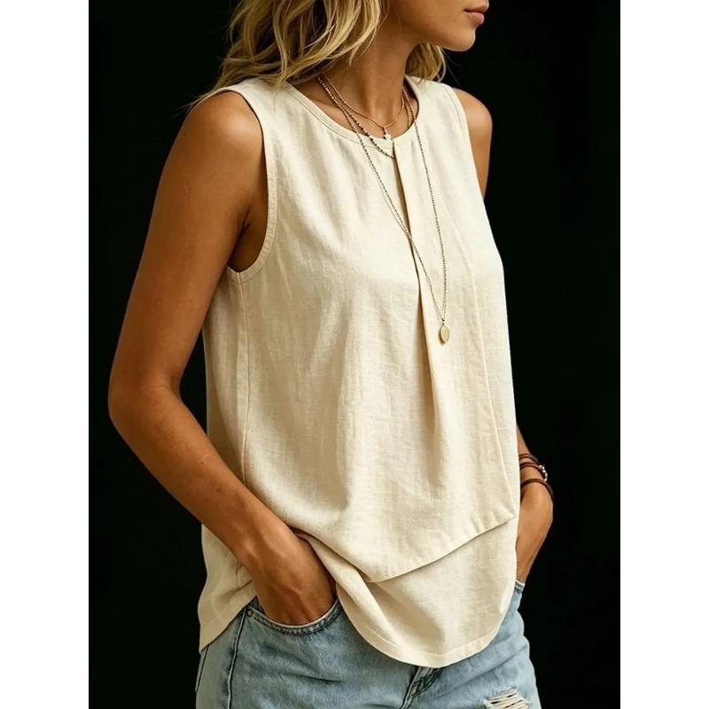 Fashion Loose Women Solid Color Irregular Sleeveless Round Neck Tank Top