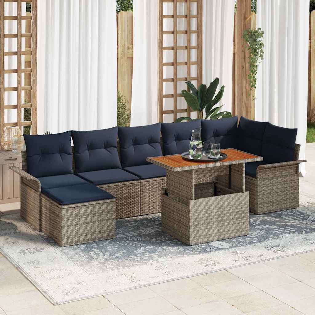 8 Piece Garden Sofa Set with Cushions In Gray and Navy Blue Poly Rattan
